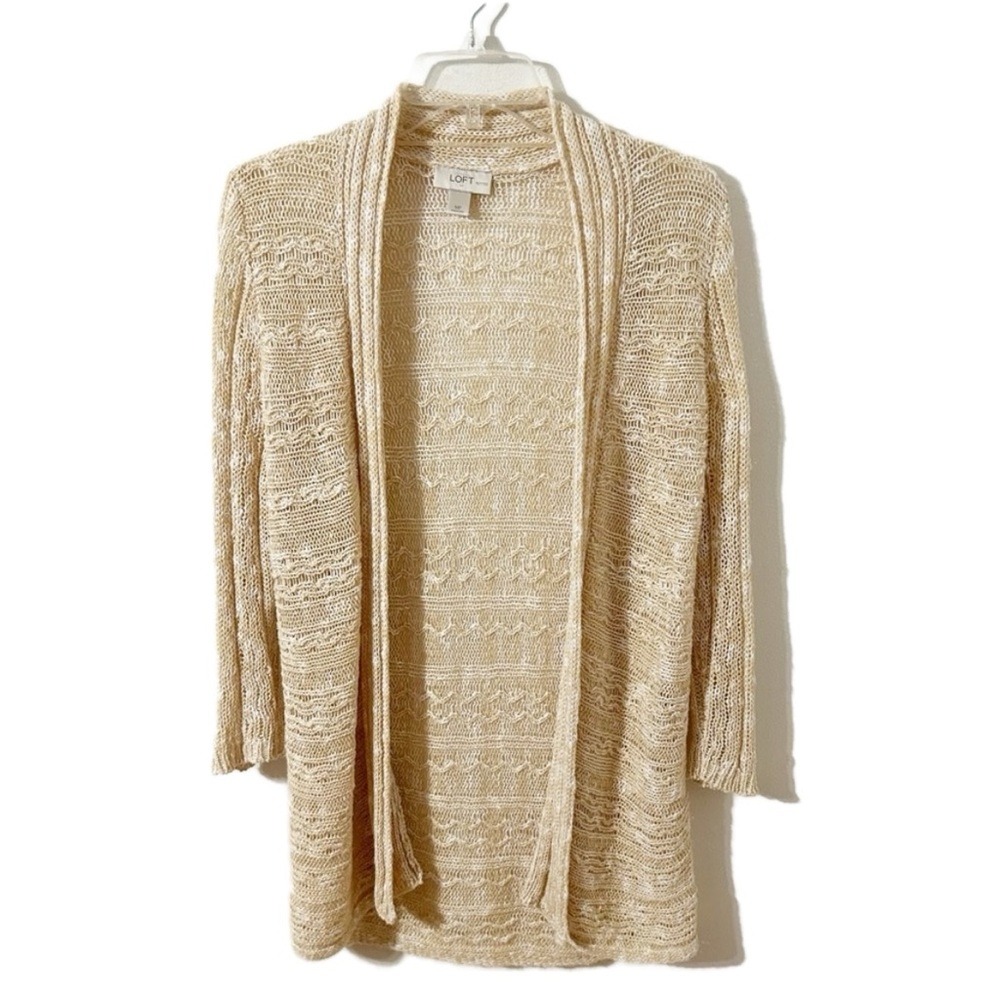 Ann Taylor LOFT Cream Beige Open-Front Knit Cardigan Sweater Longer Length